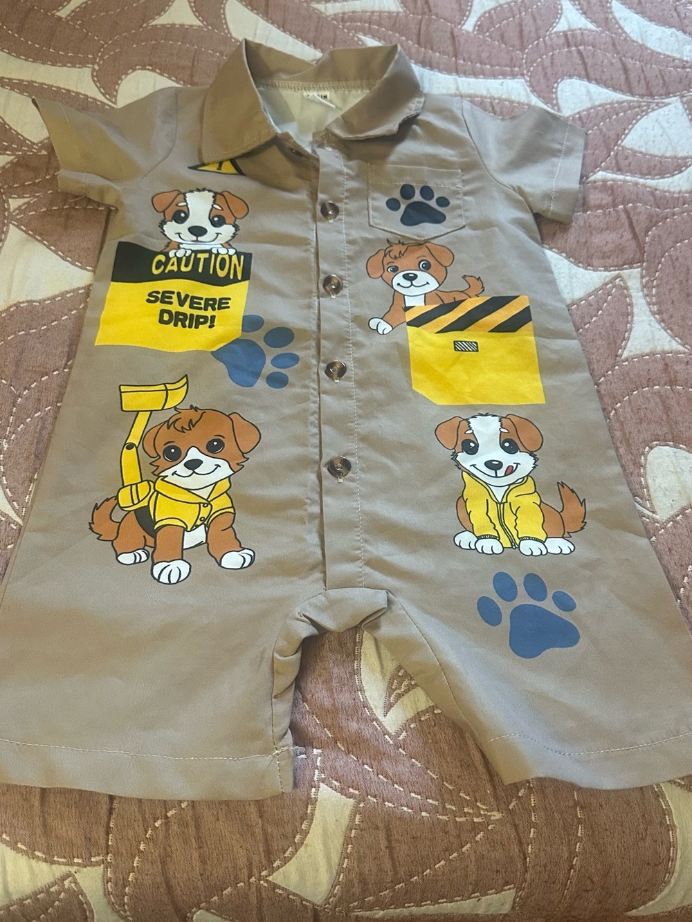 SHEIN Beige Puppy Construction Romper with Yellow Accents